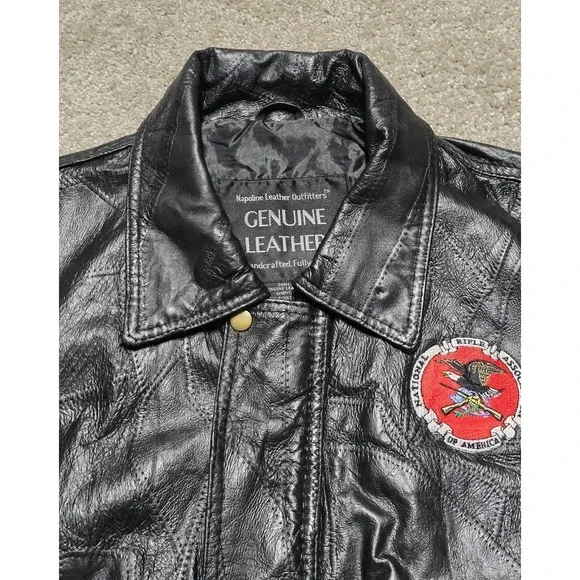 VTG Napoline Leather Outfitters NRA Patchwork Bomber Jacket Coat Leather Mens XL